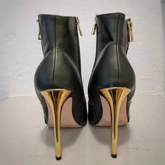 CATHERINE MALANDRINO Gold Stiletto Heel Zipper Detail Olive Green Ankle Boot Sz8 - Picture 11 of 12